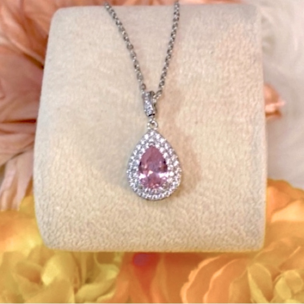 NEW! Pink Amethyst Gemstone Pendant Necklace With Stacked Micro Pave Setting